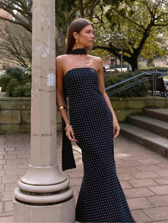 Peppermayo Dresses & Skirts - Peppermayo Black Polka Dot Strapless Maxi with Neck Scarf
